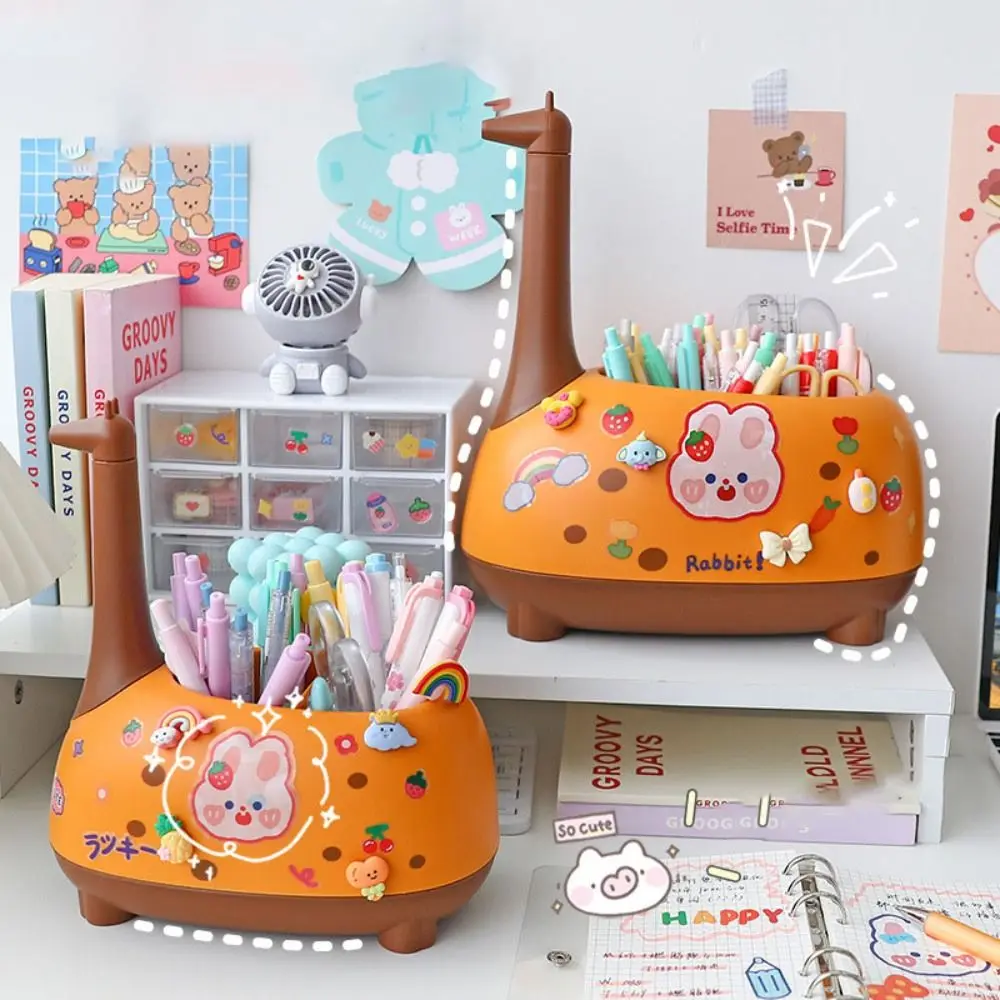 Cute Giraffe Pen Holder Large Capacity Cartoon Pen Container Plastic Set Firmly Makeup Brush Holder Dresser