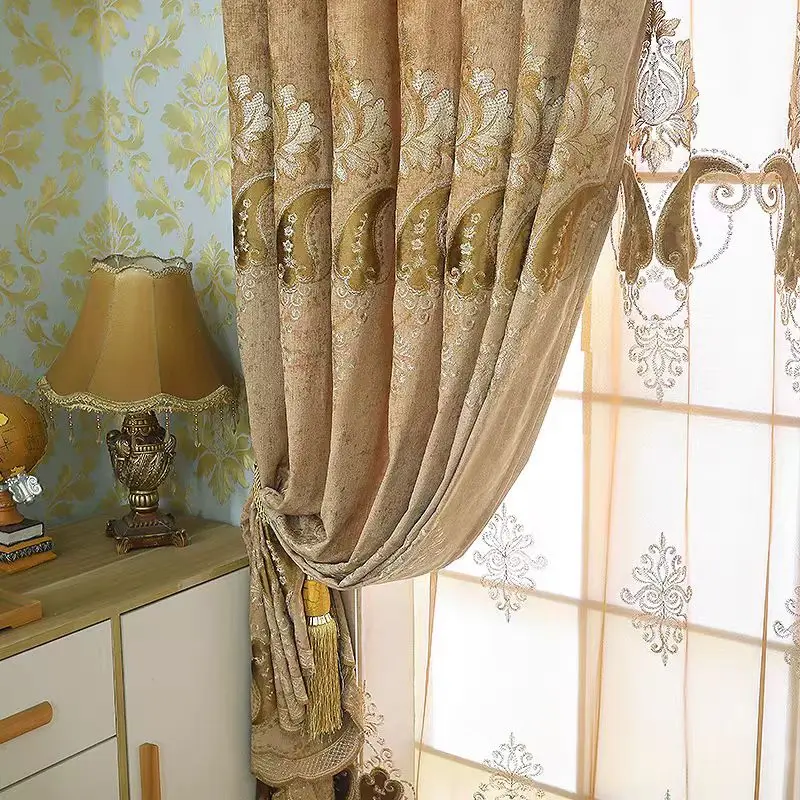 (10008) European style embroidery simple European thick curtain blackout curtain floor bedroom living room custom finished curta