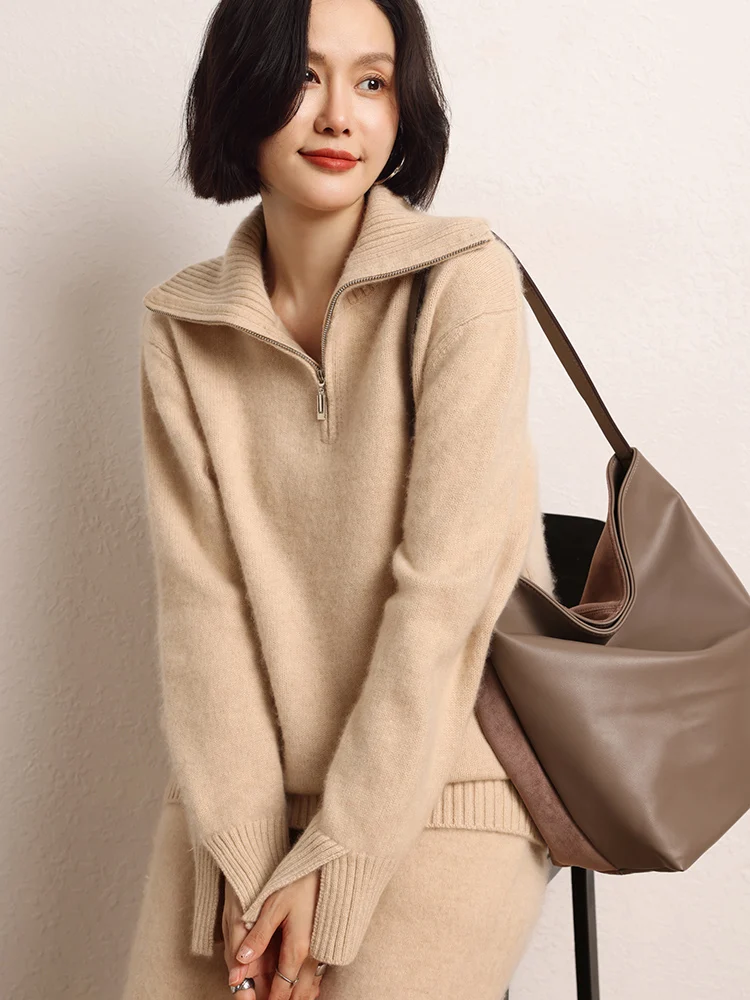 

New Casual Women Sweater Pullover 100%Cashmere Autumn Winter Sweater Turtleneck Half Open Collar Pullover Clothes Thick Warm Top