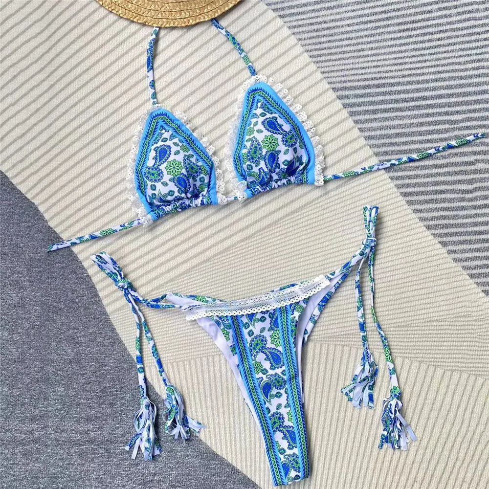 Seksowny niebieski kwiatowy nadruk mikro stringi Bikini Halter strój kąpielowy Mini strój kąpielowy kobiety trójkąt dwuczęściowy zestaw Bikini