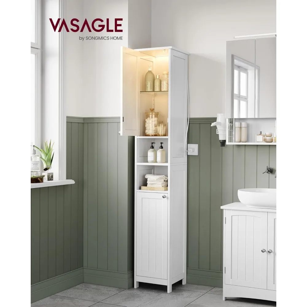 Tall Bathroom Cabinet with Lights, Slim Bathroom Storage Cabinet, Freestanding Narrow Cabinet with Adjustable Shelves