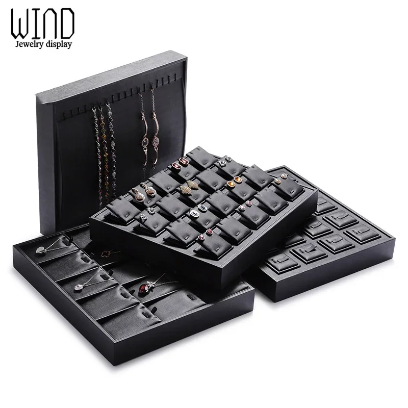 Black PU Leather Ring Jewelry Display Tray Earring Pendant Storage Organizer Necklace Charms Showcase Ring Stud Holder Box