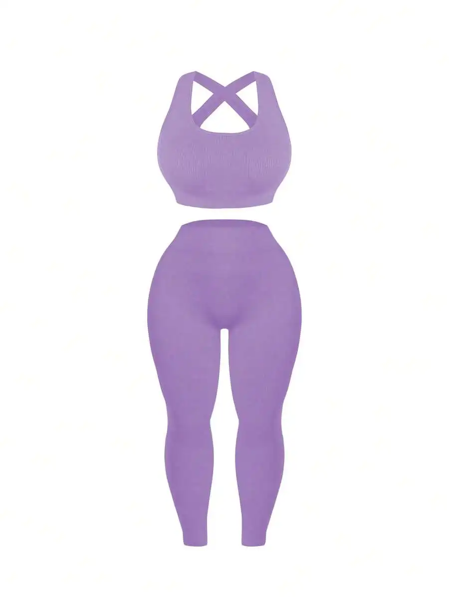 

Plus Size Solid Purple Criss-Cross Strap Elastic Sportswear Set