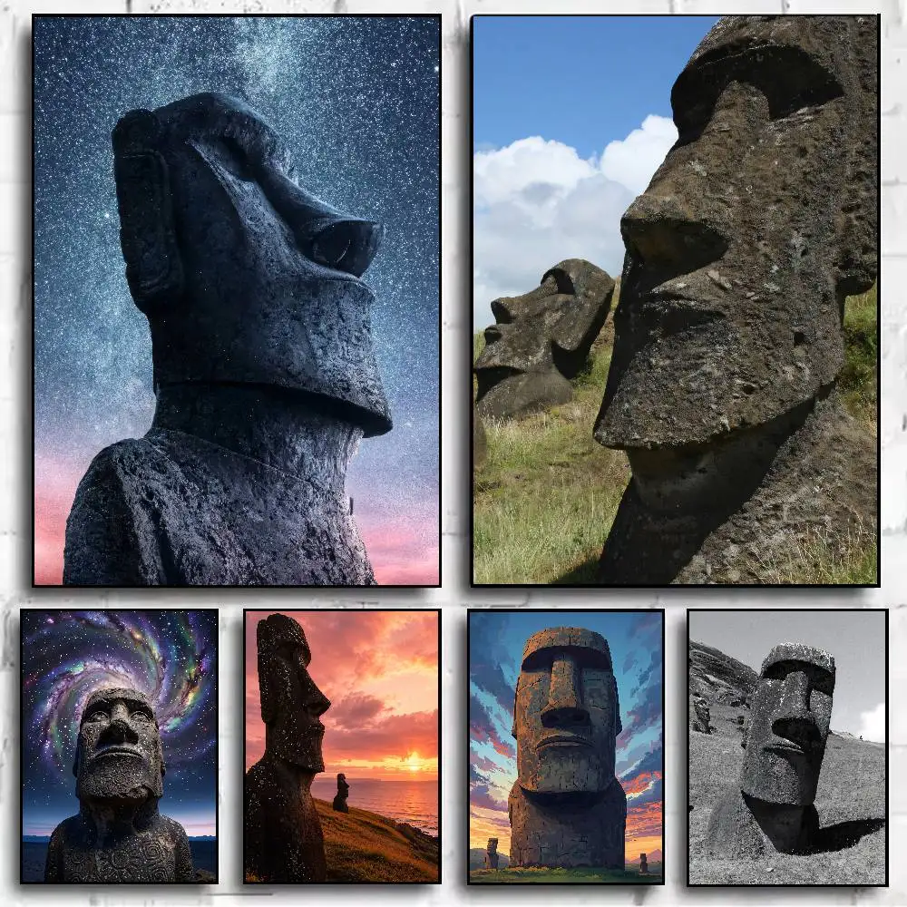 Cool Stone Statue Poster Vintage Sunset Galaxy Sky Giant Monolith Rock Head Landscape Wall Art for Bedroom Decor