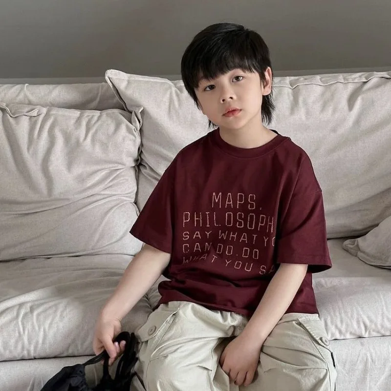 Premium Wine Red Cotton Boy's Short Sleeve T-Shirt 2026 Summer Kids Casual Wear​