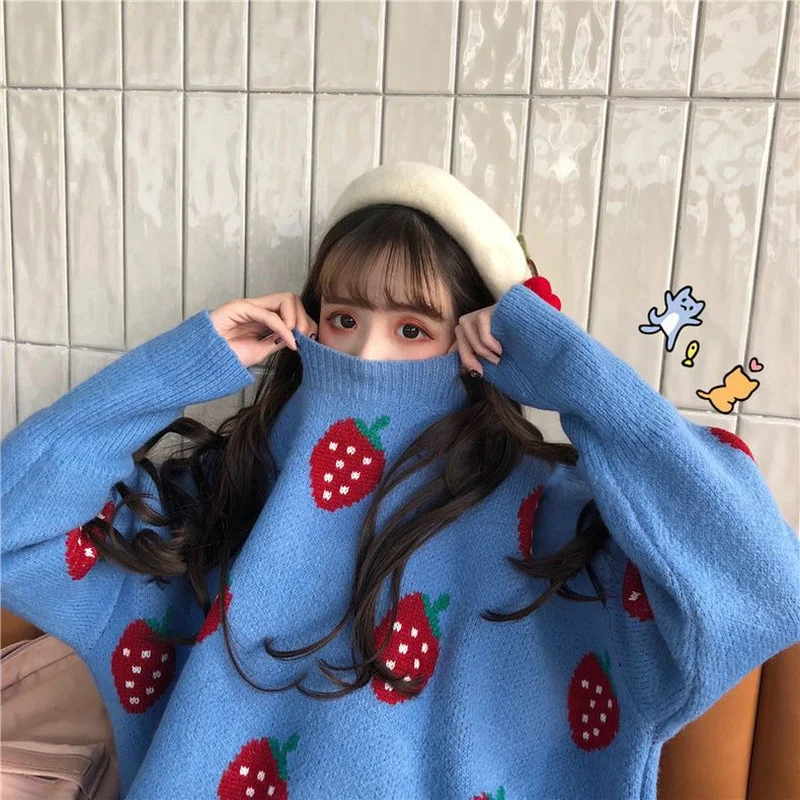 

Winter Sweet Cute Sweater Cartoon Multicolor Strawberry Peach Snowflake Knit Women Casual Pullover Loose Sweater Style 2023 New