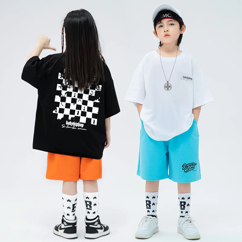 Kid Hip Hop Clothing Checkered Graphic Tee T Shirt Top Wide Casual Summer Shorts for Girl Boy Dance Fancy Costume Clothes