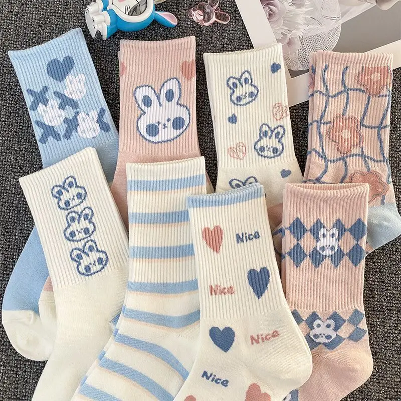 

8 Pairs White Pink Sweet Teenage Student Sports Socks Spring Cartoon Rabbit Trend Fashionable Versatile High Tube Socks 2026