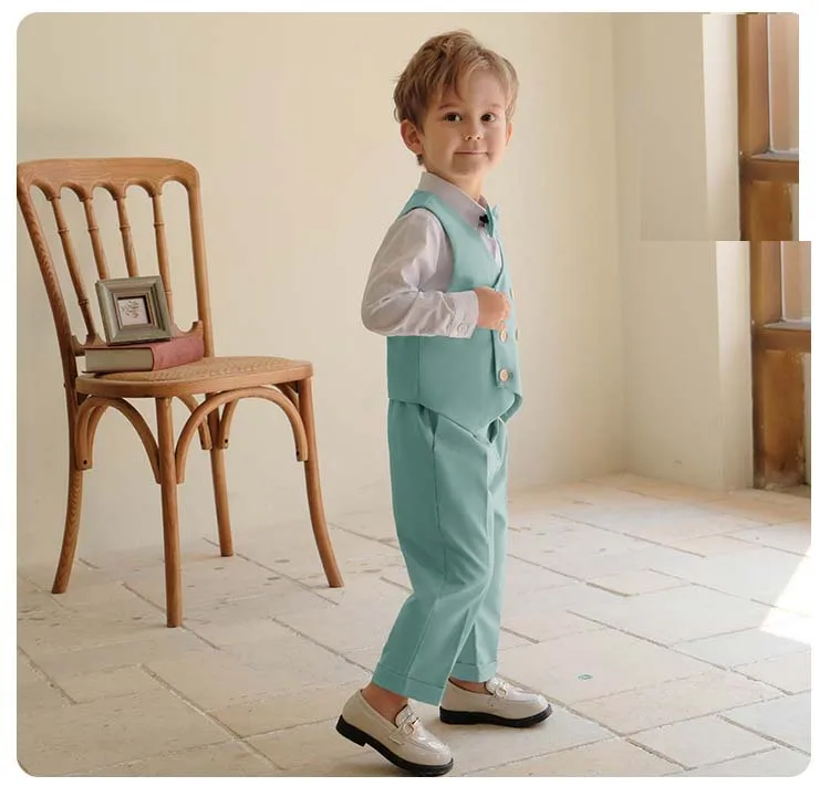 Children Light Blue Photograph Dress Gentleman Kids Birthday Suit Flower Boys Formal Wedding Party Performance Dance Show Wear