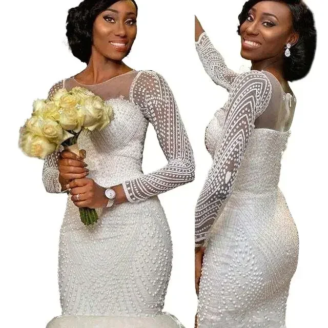 Customized Beaded Mermaid Wedding Dresses South African Pearls Slim Fish tail Long Sleeve Bridal Gowns