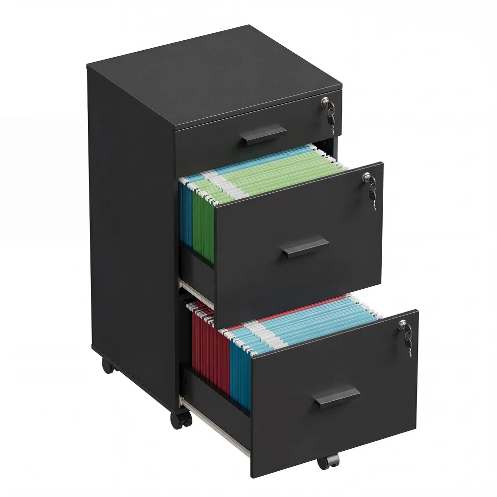 3 Drawer Mobile File Cabinet with Lock & Wheels, Black | Wood Printer Stand, Filing Cabinets for Home Office, Fits