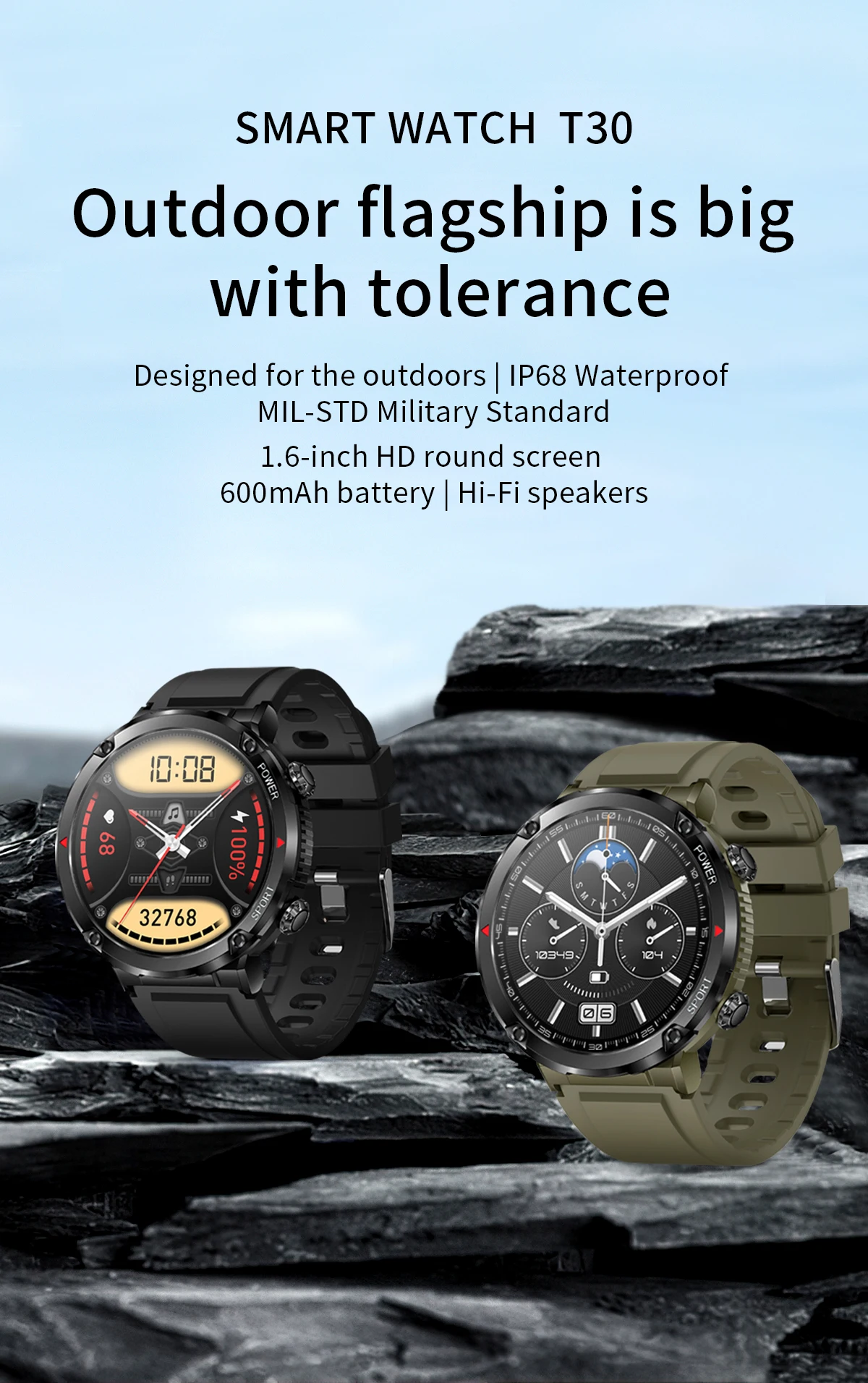 T30 BT Call Smart Watch 1.6-inch HD Round Screen 600mAh Battery Health Monitoring Music Playing Outdoor Sports Smartwatch