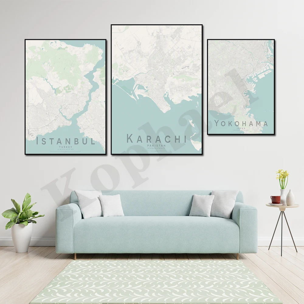 Karachi Yokohama Hanoi Istanbul Tehran Hong Kong Tianjin City Color Map Home Wall Decor Poster