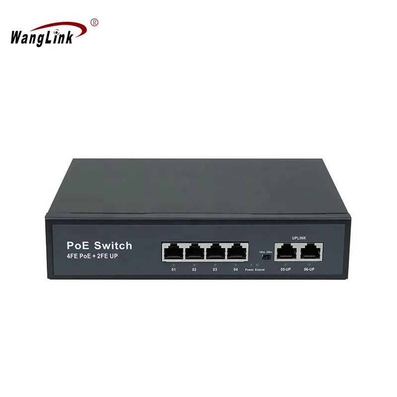 Wanglink-4 Port PoE Switch with 2Uplink ,802. 3AF/at PoE + 100Mbps, 65W Power Adapter, Extend to 250m, OEM/ODM