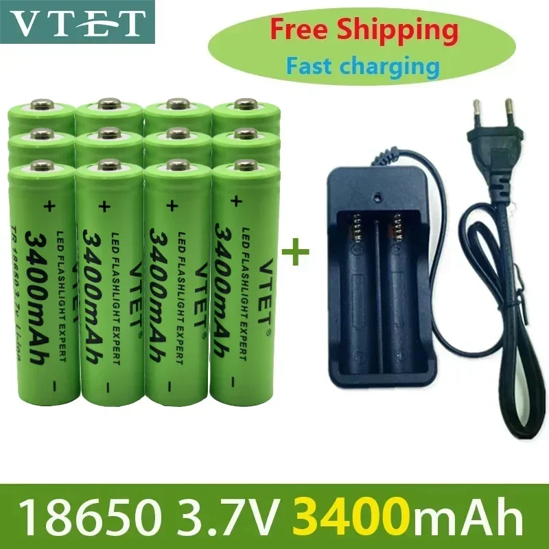 2024 Battery Rechargeable Battery 3.7V 18650 3400mAh Capacity Li-ion Rechargeable Battery for Flashlight Torch Battery+Charger