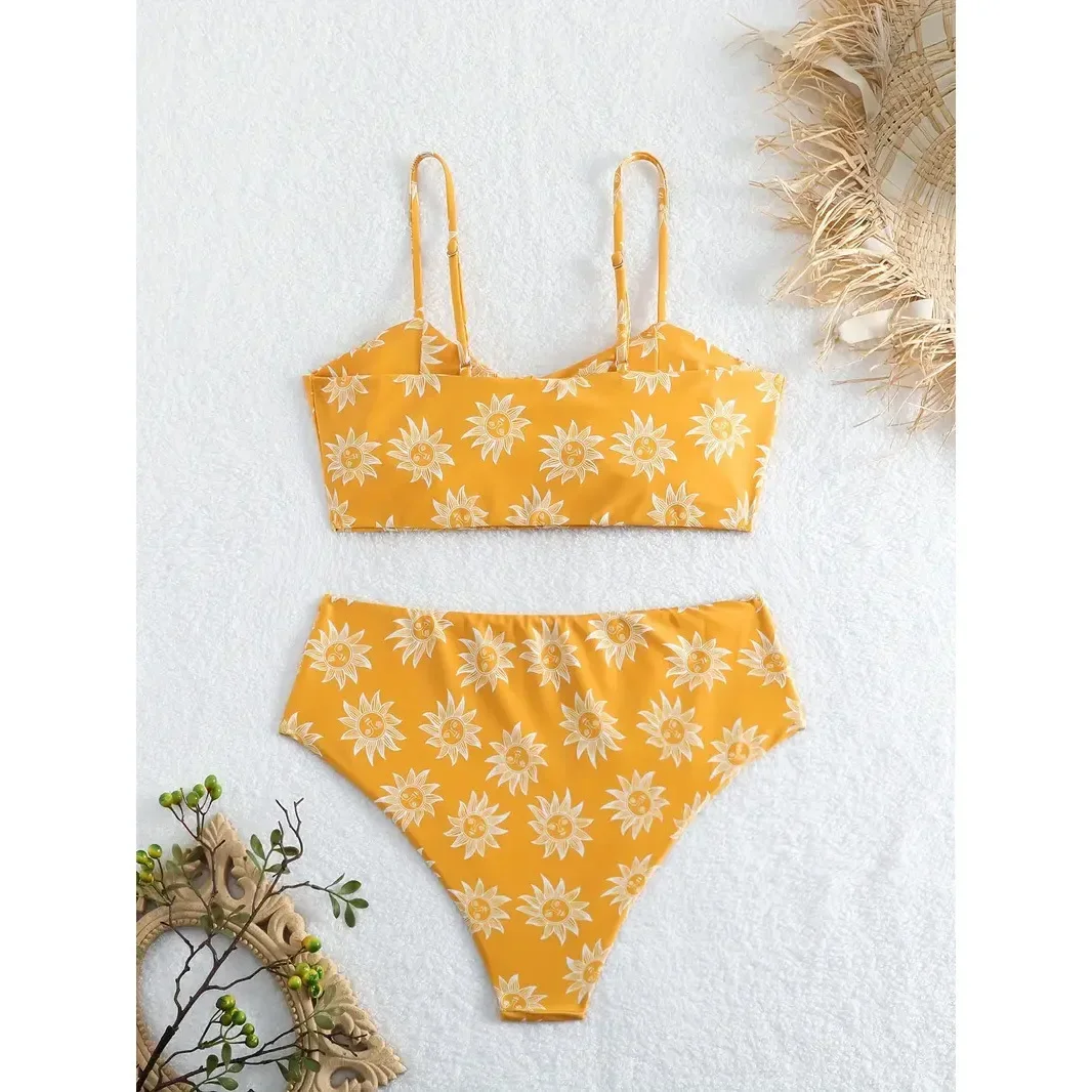 Sexy solide jaune Bikini 2024 Mujer coupe haute fleur maillot de bain pour femme plage séparée maillot de bain taille haute maillots de bain Biquini nouveau