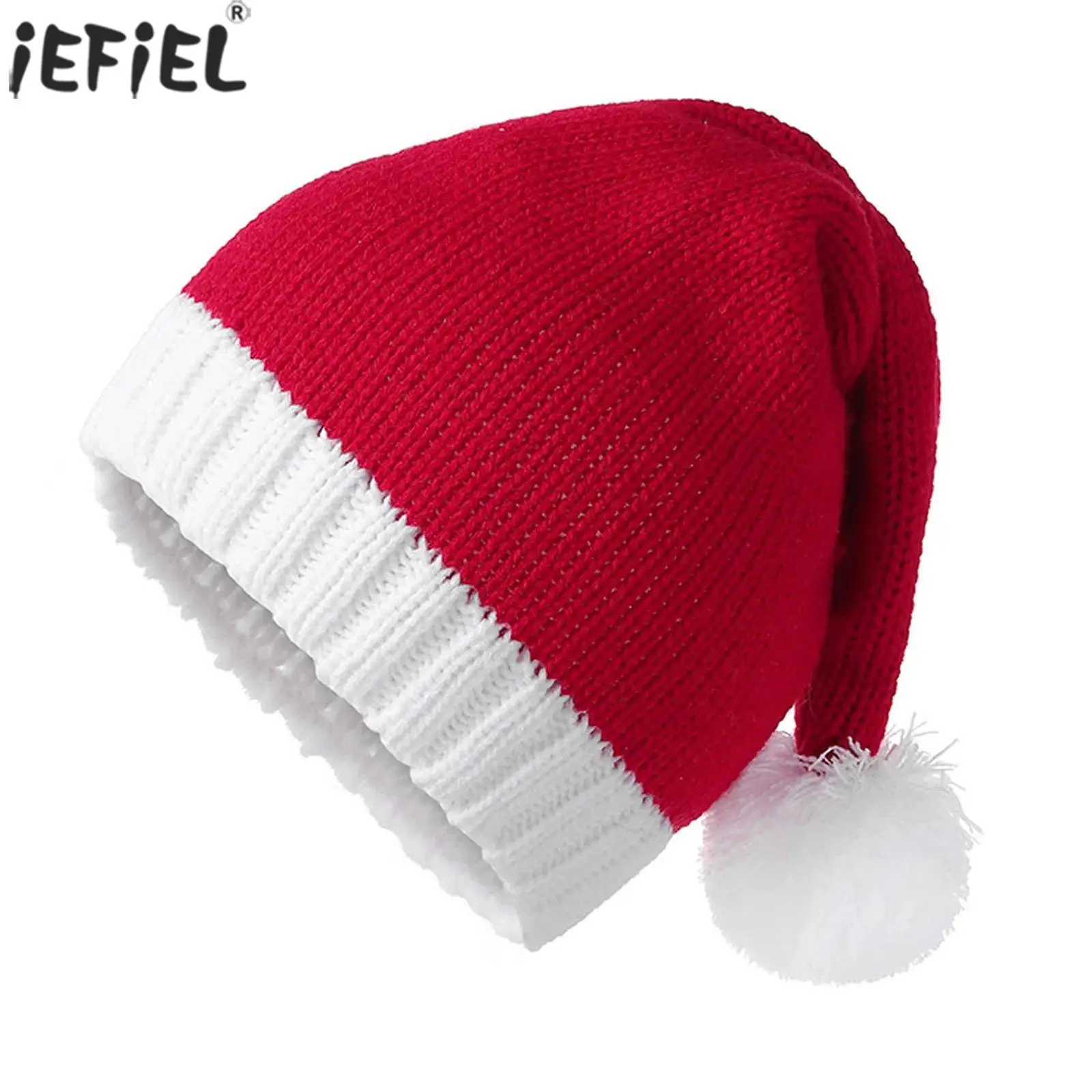 

1Pc Santa Hat Christmas Xmas Party Knitted Hat Pompom Santa Color Block Cap for Adult Women Men Festival Supplies