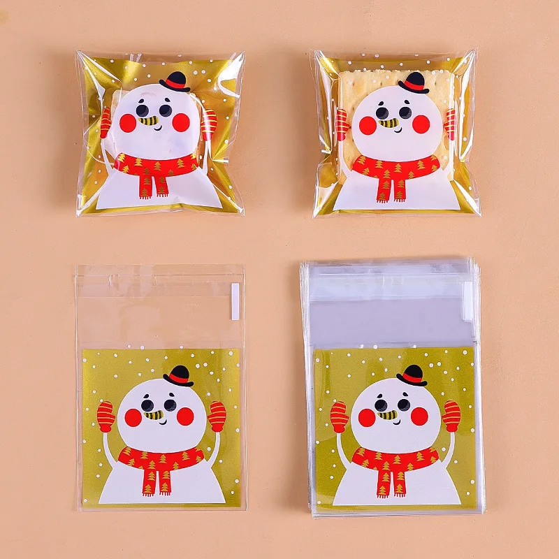 100PCS Christmas Plastic Candy Bags Carton Santa/Snowman/Deer Cookie Bag For Neol DIY Biscuits Snack Baking Packaging Supplies