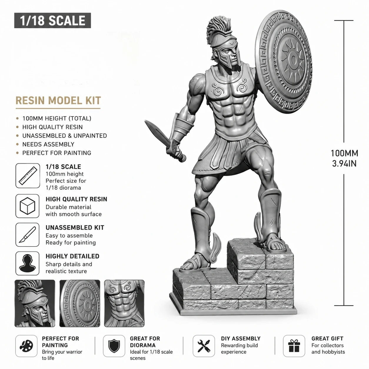 1/18 Scale  Resin Model Kit 100mm Ancient Greek Soldier Miniature Figure Unassembled Unpainted
