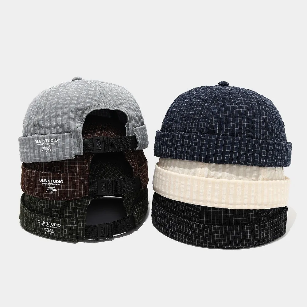 Fashion Plaid Melon Skin Hat Brimless Adjustable Embroidered Landlord Cap Quick-drying Breathable Beanie Cap Men