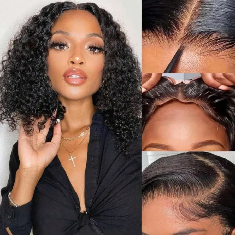 

Curly Bob Wig Glueless Wigs Human Hair Ready to Wear Lace Front Wigs Wear And Go Deep Wave Pre Plucked Pre Cut Lace Closure Wigs