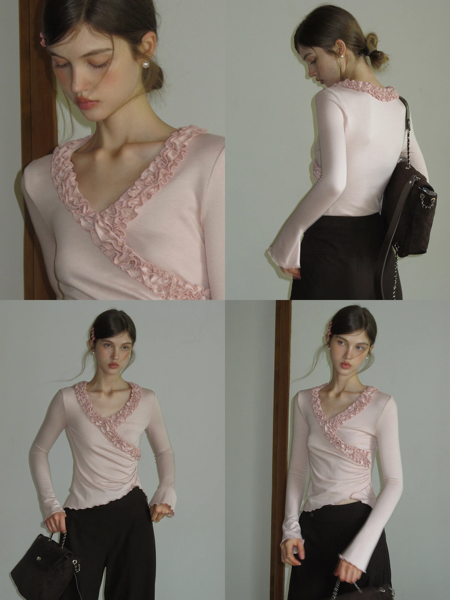 

EGGKA Pink Long Sve V-Ne T-irt Wooden Design Slim Fit Inner Wear Spring Autumn Faion Sense Girls Top