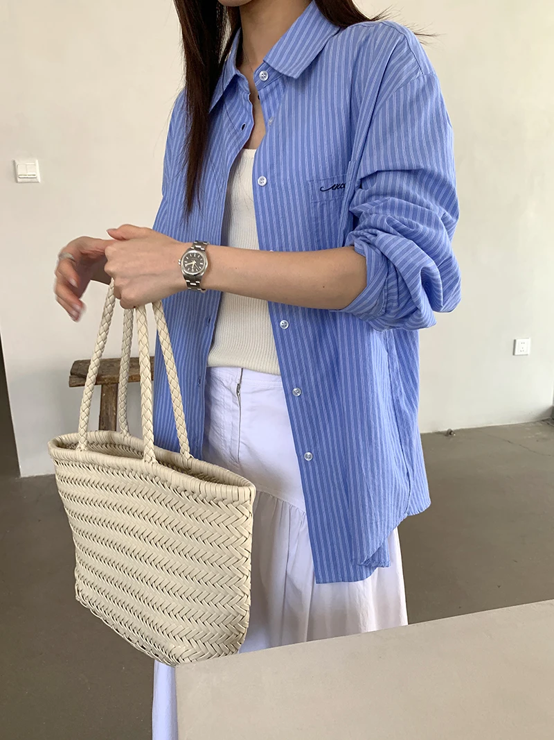 

Letter Embroidery Vertical Stripe Shirt Women Spring Summer Korean Pure Cotton Loose Casual Shirts
