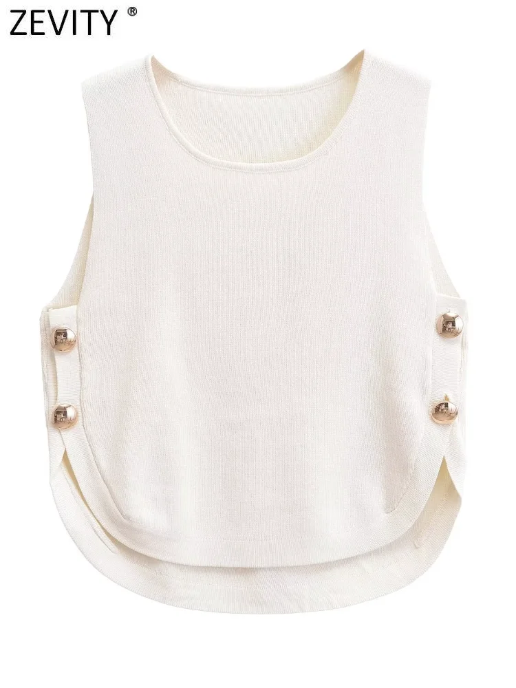 

Zevity Women Fashion O Neck Sleeveless Solid Color Side Buttons Knitting Vest Sweater Female Chic Waistcoat Pullover Tops SW7161