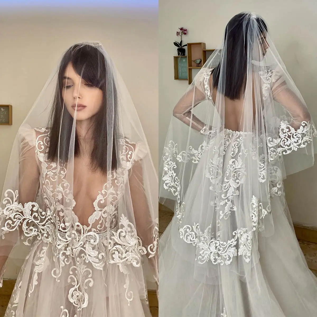 Classic Wedding Veil Appliques Lace Two Layer Long Blusher Fingertip Length Veils Applique Edge  Custom Made High Quality