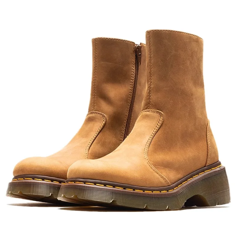 

New Brown Retro Square Toe Thick Bottom Increase Height Chelsea Ankle Boots Women British Genuine Leather Motorcycle Boots