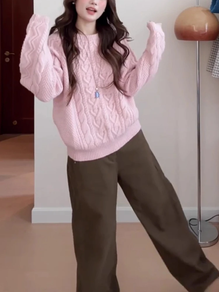 الكورية الأزياء لينة الوردي كابل متماسكة سترة ناعمة المرأة فضفاضة طويلة الأكمام الخريف الشتاء جديد مريح البلوز شيك كسول نمط الزي #3