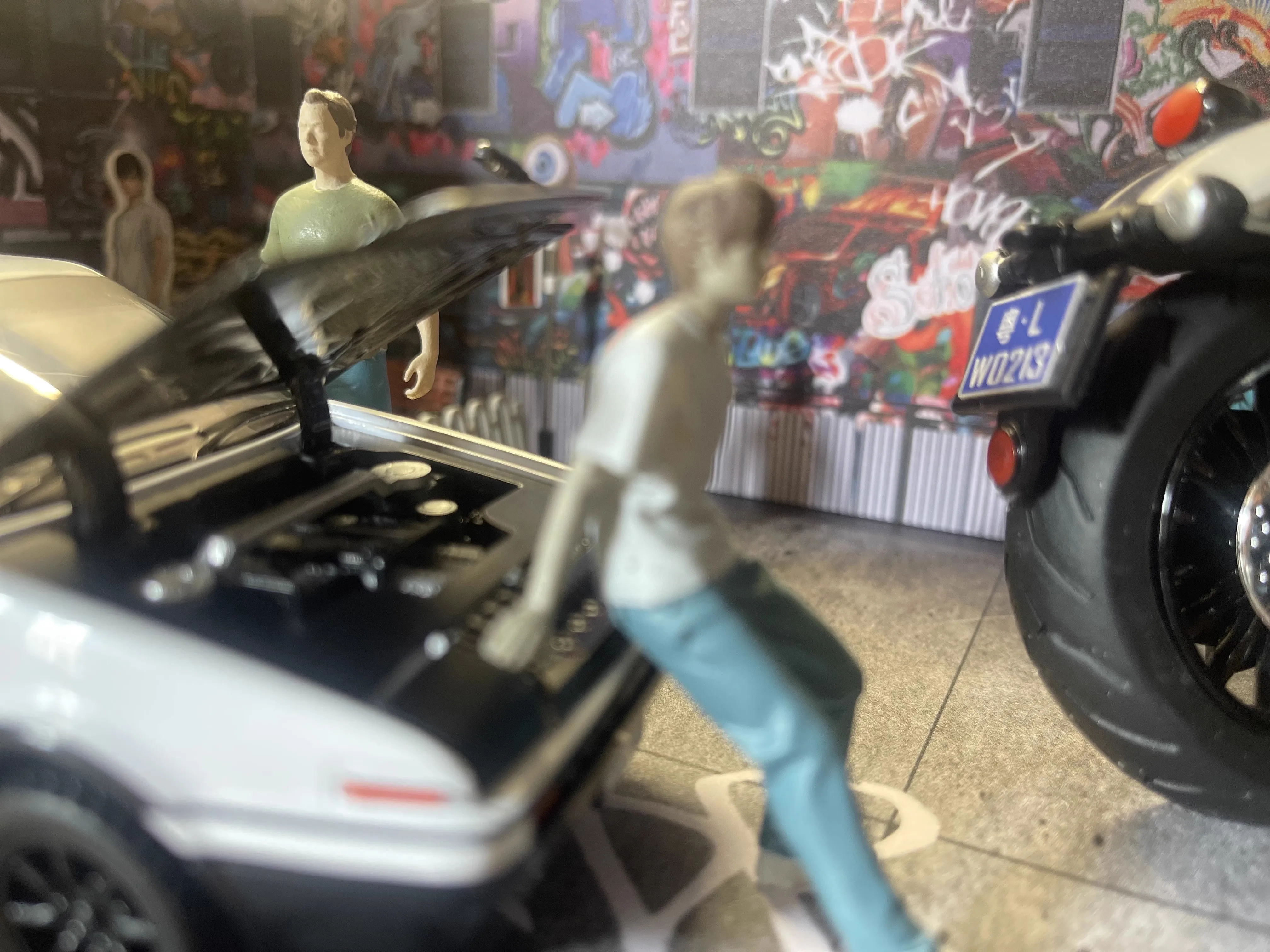 Modelo de aleación 1:64, escena de coche, estacionamiento, escena de Graffiti, accesorios de fondo para fotografía