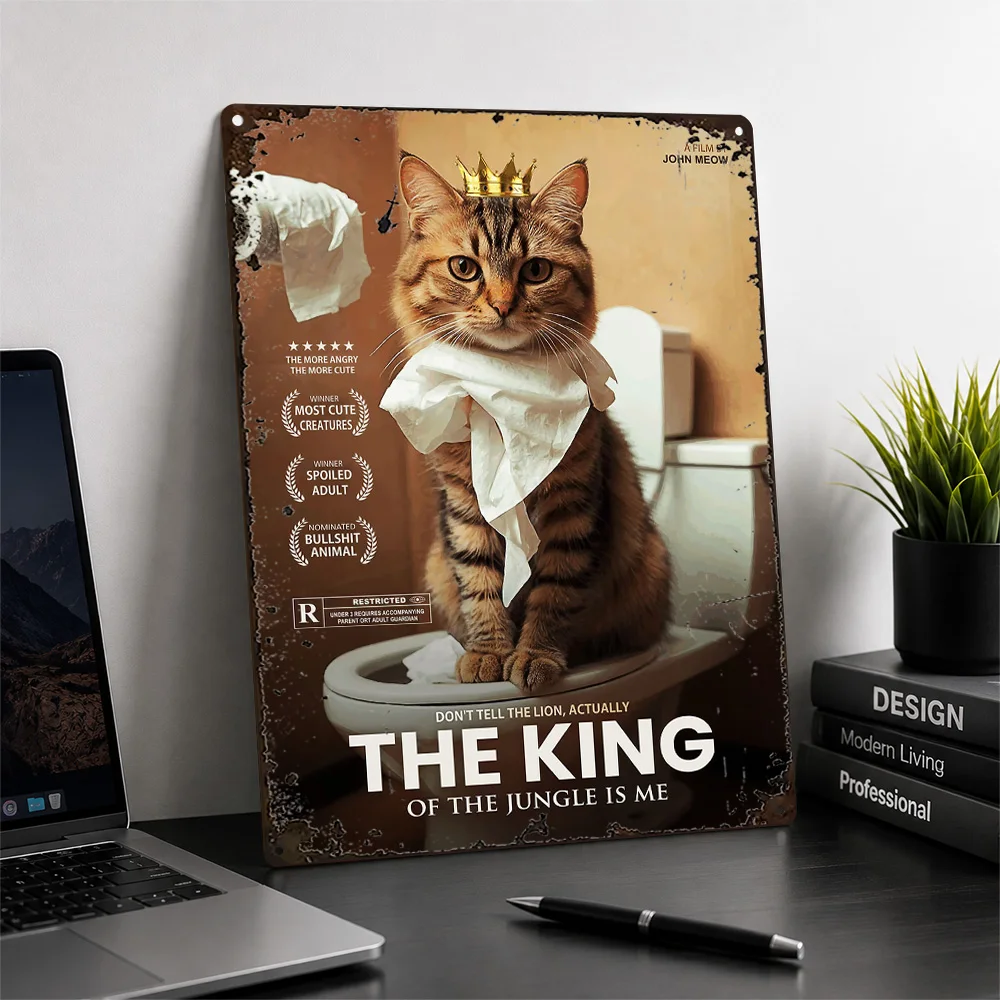 Ginger Cat Toilet King Textured Metal Poster Playful Illustration Wall Art For Powder Room Customized Aluminum Sign Host Gift