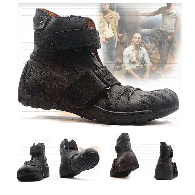 Botas de motocicleta de cuero genuino para hombre, con cierre de gancho y bucle, zapatos casuales de caña alta, mocasines, botas estilo punk occidental Chelsea.