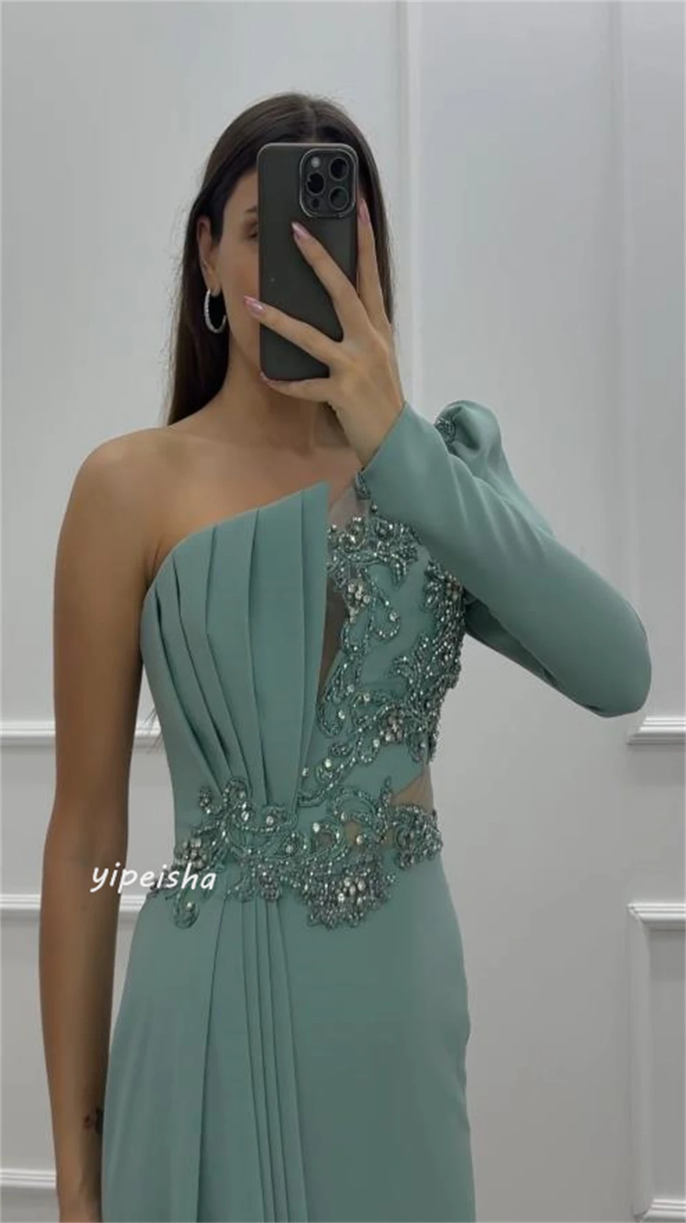   Jersey Sequined Ruched Valentine's Day A-line One-shoulder Bespoke Occasion Gown Long Dresses