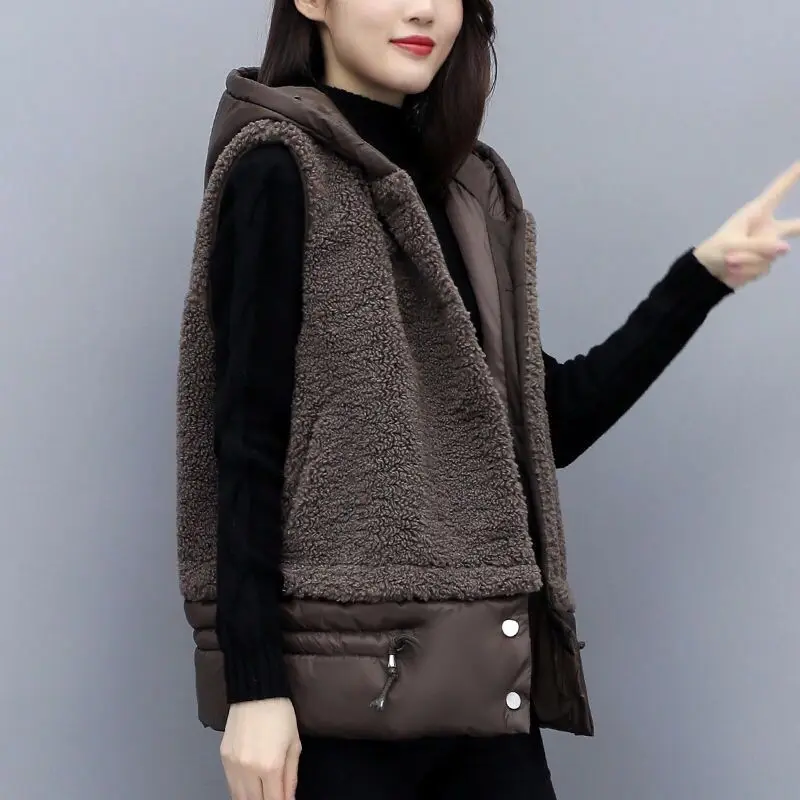 

Winter Women Imitation Lamb Wool Vest Hooded Spliced Vintage Drawstring Fashion Warm Jacket Lady Loose Thicken Sleeveless Coat