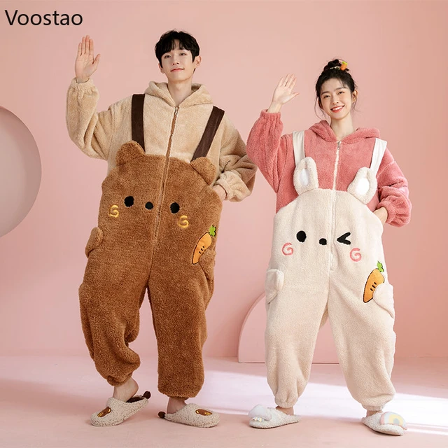 Sweet Bunny Ears Hooded Onesies Women Autumn Winter Warm Couple Pajamas Men Kawaii Bear Nightwear Pyjamas Jumpsuit Cute Homewear AliExpress