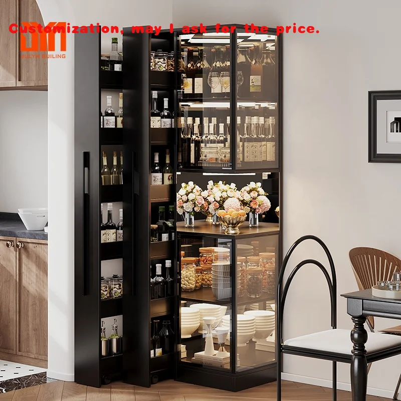 custom.JYN Pull Out Sidebroad Wine Cabinet Display Rack Corner Cabinet Black Dining Cabinet with Glass Door