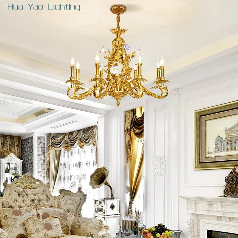 French Luxury Lighting Golden Brass Ceramic Flower Pendant Light European Villa Living Room Antique Copper Candle Chandelier