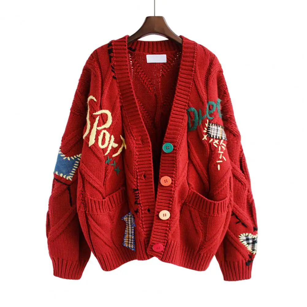 

Christmas Cardigan Pockets Ribbed Trim Knitted Coat Winter Embroidery Letter Pattern Buttons Placket Sweater Cardigan Outerwear