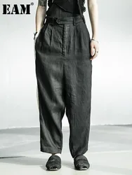 [EAM] pantalones de pierna ancha con bolsillos cosidos en la parte superior negra de cintura alta nuevos pantalones holgados moda mujer tendencia primavera otoño 2024 1DF5357