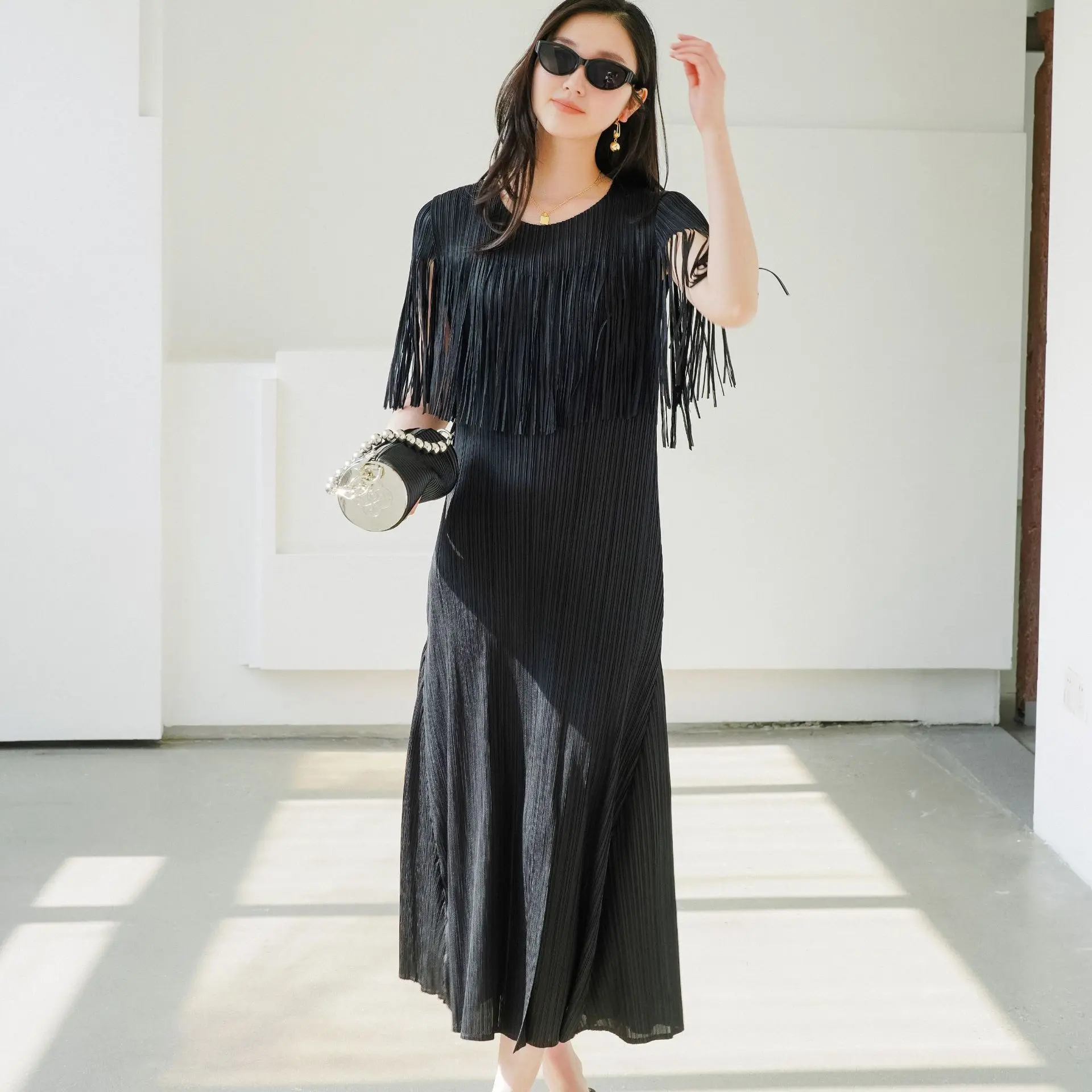 

Pleats Pleated Dress High-end Designer Models Fashion Fringe Long Dress 2024 Summer New Niche Design Plus Size Women's Clothing