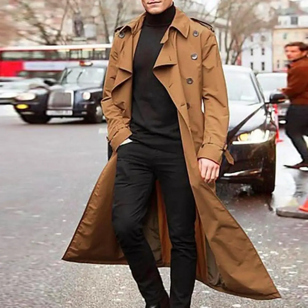 Men Trench Coat Lapel Long Sleeve Solid Color Windbreaker Double Breasted Long Style Men Jacket Outdoor Business Outwear