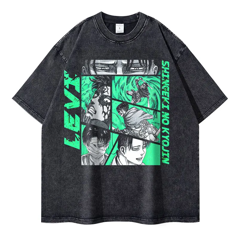 Bandai-Camiseta de Anime a-attack On t-titan para hombre, camisa Vintage lavada de gran tamaño, Levi Eren Yeager, Shingeki No Kyojin