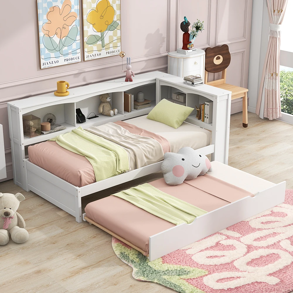

Twin Size Daybed with Trundle, Storage Cabinets and USB Ports, White