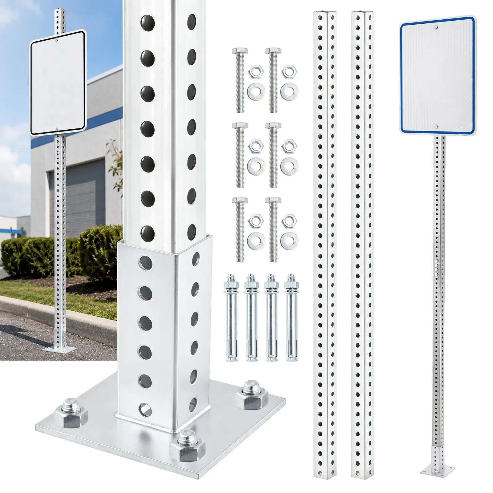 Heavy Duty Galvanized Steel Sign Post 7.7 ft H * 2 in W, Rust Resistant Square Sign Post with 7/16 in Mounting Holes for Parking Street Construction Outdoor Use(No Sign)