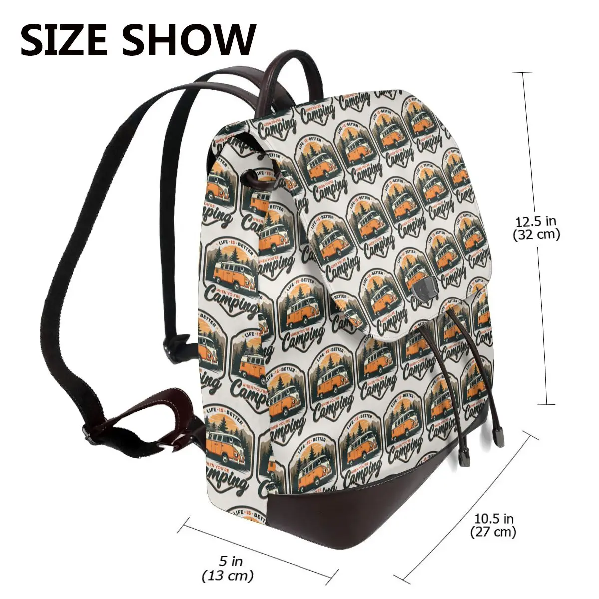 CamperVan Happy Camper Bookbag School Student Bags Hiking Travel Daypack for Women Fashion Derma Backpack