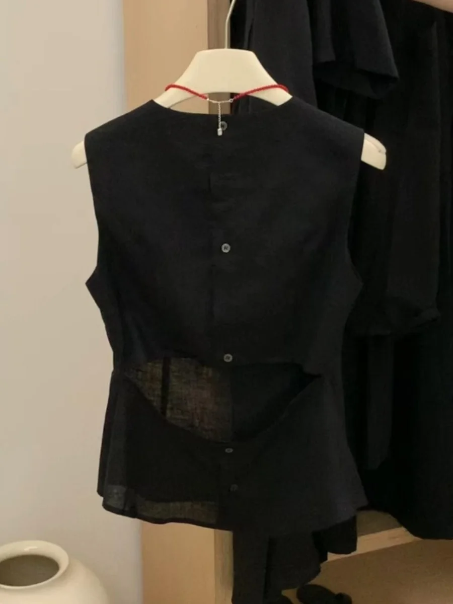 

Elegant Black Sleeveless Vest Women's Fashion High-End Style Unique Design Slimming Aesthetic Korean Commute Style Polyester ...