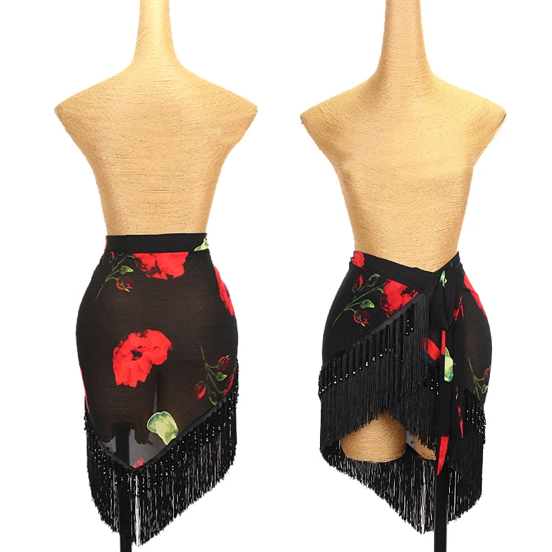 Nieuwe Latin Dansrok Vrouwen Rose Mesh Kwastje Hip Sjaal Cha Cha Rumba Samba Danskleding Volwassen Oefenkleding Sexy Rok Dnv19050