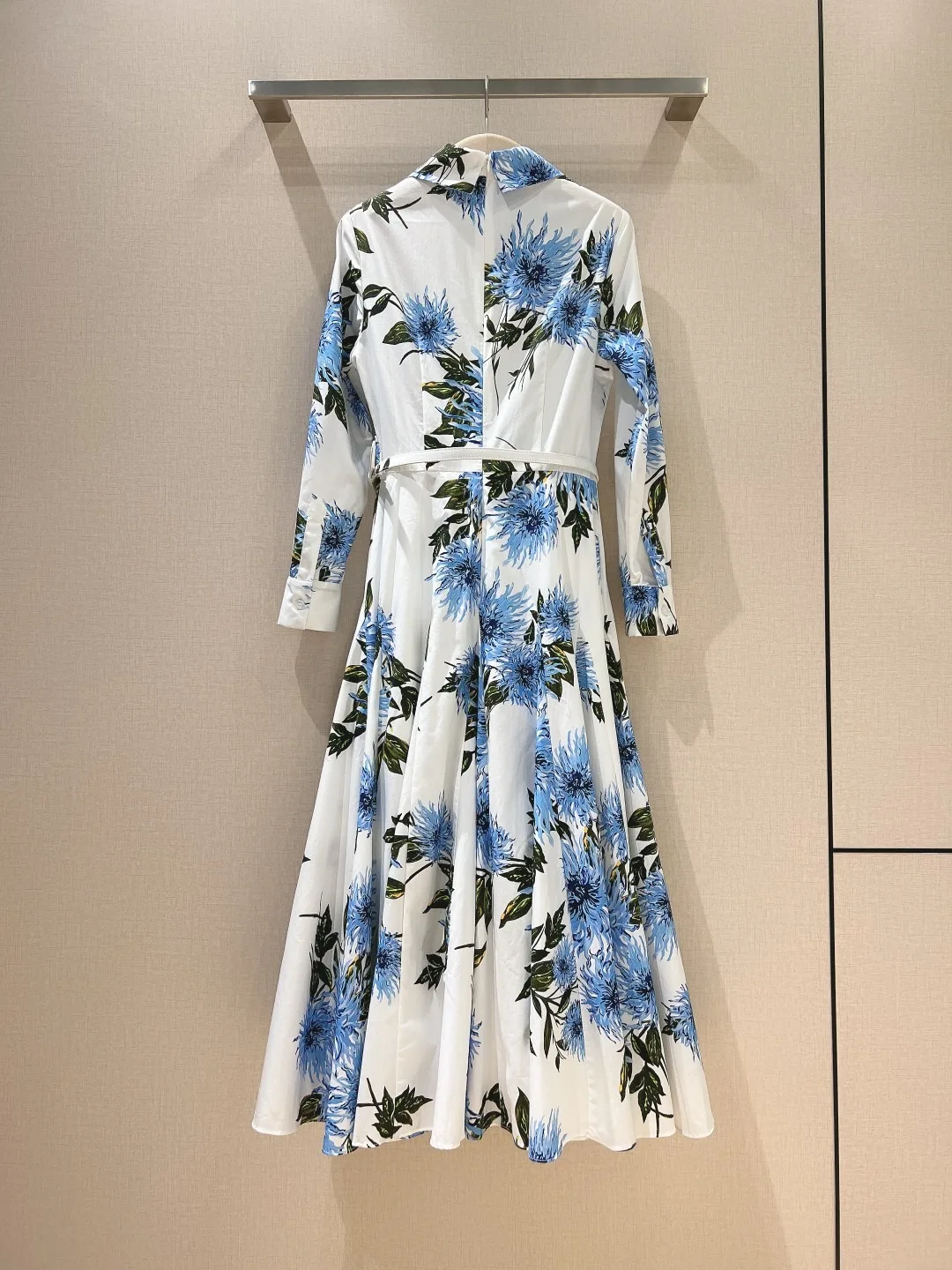 White Blue Floral Position Print Cotton Long Sleeve Lapel Women Vintage 2024 Fashion Collection Midi Dress